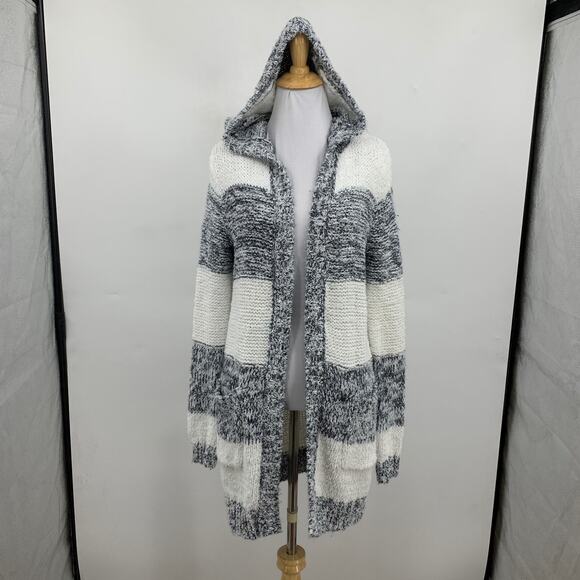 Michael Kors Cardigan Women M Medium Multi Striped Open Front Chunky Knit Hooded - Picture 2 of 11